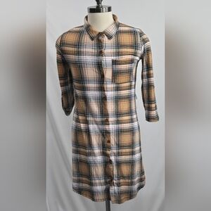 FULL CIRCLE TRENDS Tan PLAID Soft Knit BUTTON-UP 3/4 Sleeve SHIRT DRESS Sz Lg